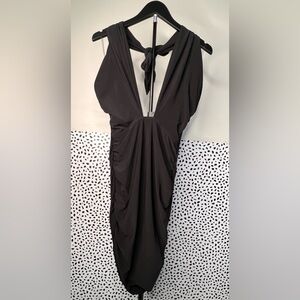Black Halterneck w/ Deep V-neck Ruched Midi Dress